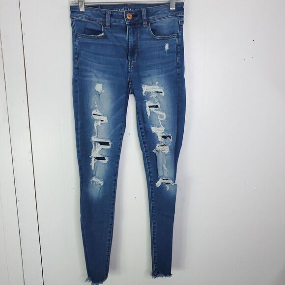 American Eagle Jeans Womens 2 High Rise Jeggings Distressed Ripped Light Wash - Picture 1 of 11